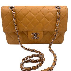Authentic CHANEL Vintage Small Classic Double Flap Lambskin Bag Orange Silver HW